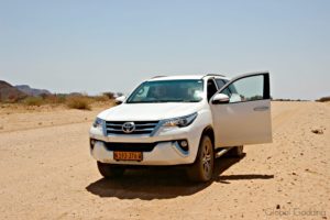 Our rented 4x4 hire vehicle for our Namibia self-drive budget adventure.