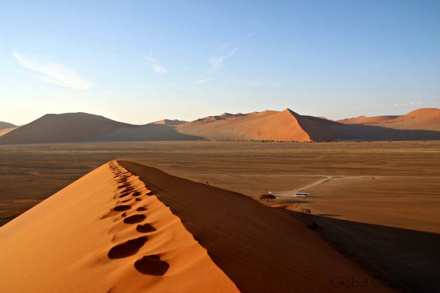 Aerial view from Dune 45 in Sossusvlei Namibia, of towering red sand dunes 