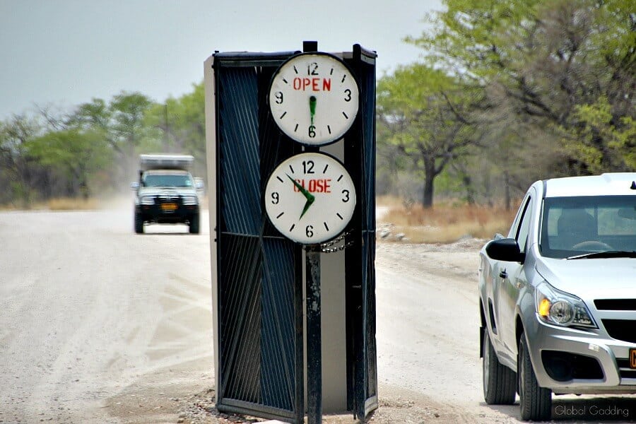 gate entry showing gate opening and closing times at Etosha