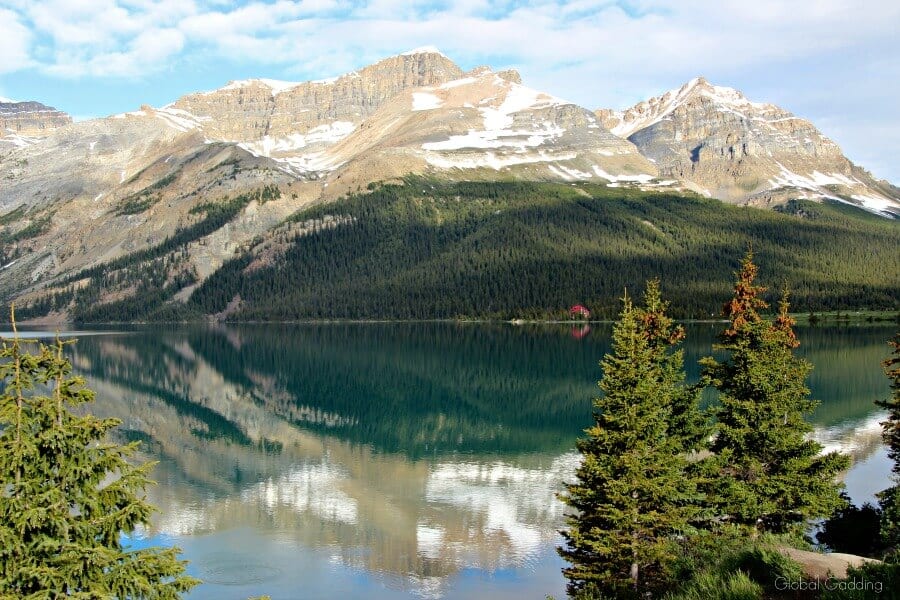 Bow Lake with mountains in the background.