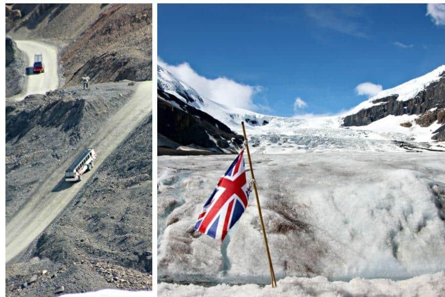 vehicle driving down a steep roadway. Stunning glacier with a flag flying.