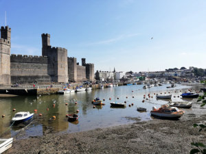 Caernarfon Castle exterior with the town in the background