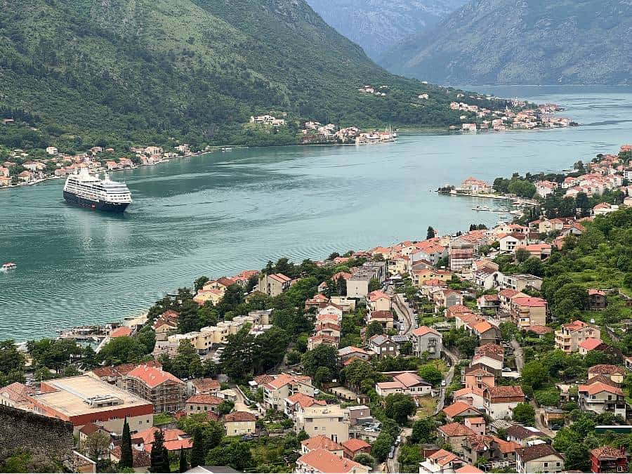 Looking down on Kotor Bay, with a cruise ship moored.