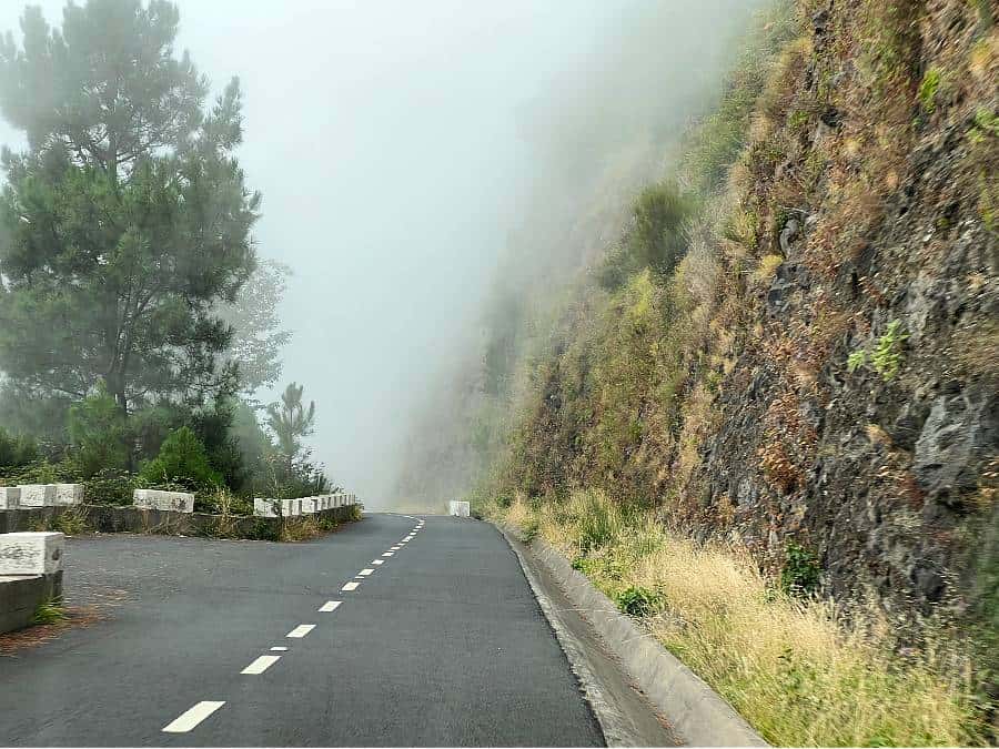 A winding road in Madeira disappearing into dense fog along a cliff.