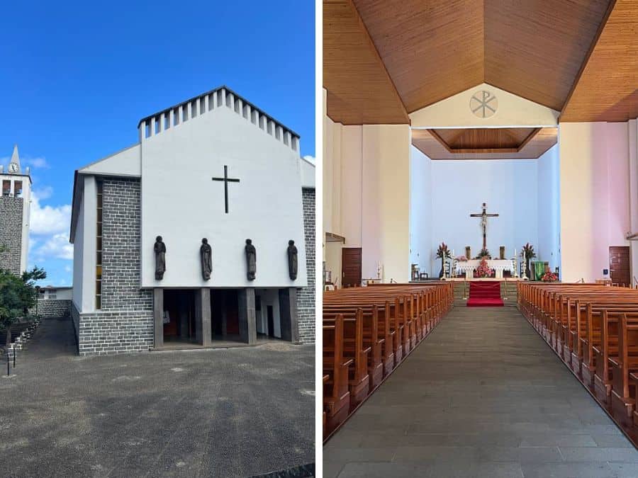 Split image showing the modern white exterior and simple interior of Porto da Cruz’s church.