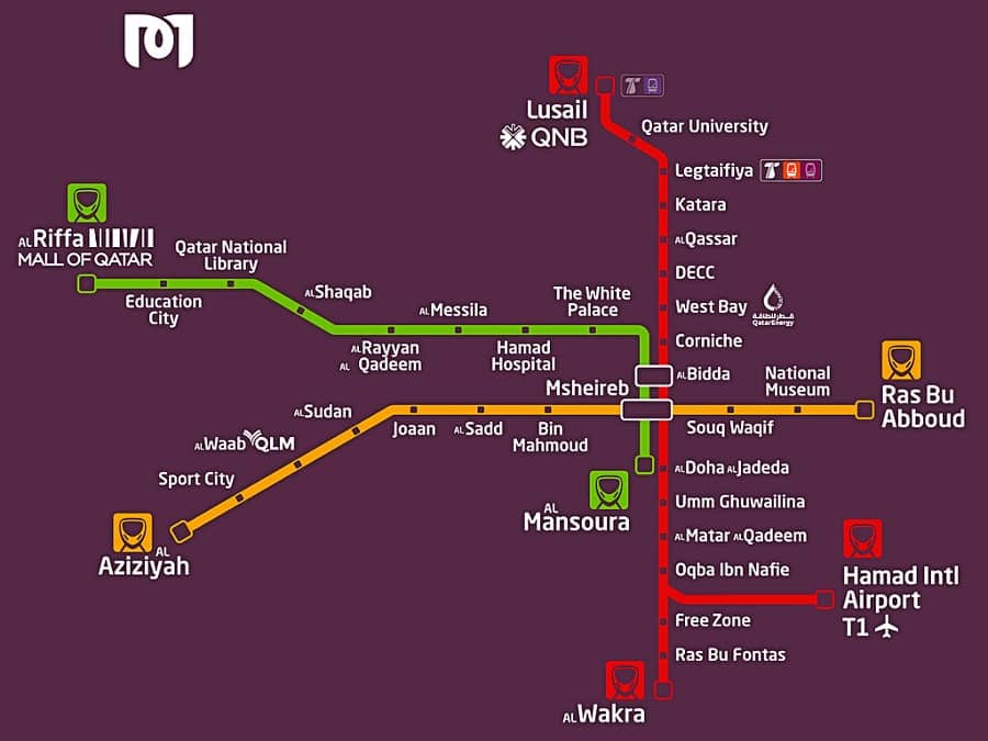 map showing metro stops in Doha, Qatar.