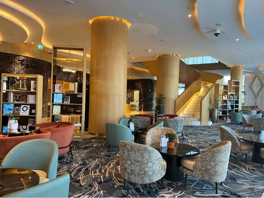 The lobby of Embassy Suites by Hilton Doha, which is a great affordable place to stay in Doha