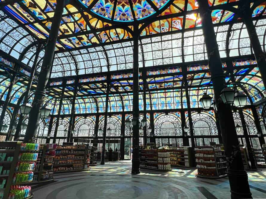 Inside a food hall with ornate interior