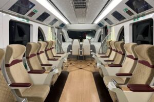 The inside of a metro carriage showing the seats, which is a great way of getting around Doha.