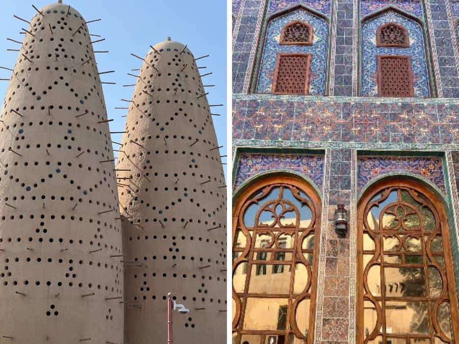 Coloured tiles on the exterior of a mosque, and two pigeon towers