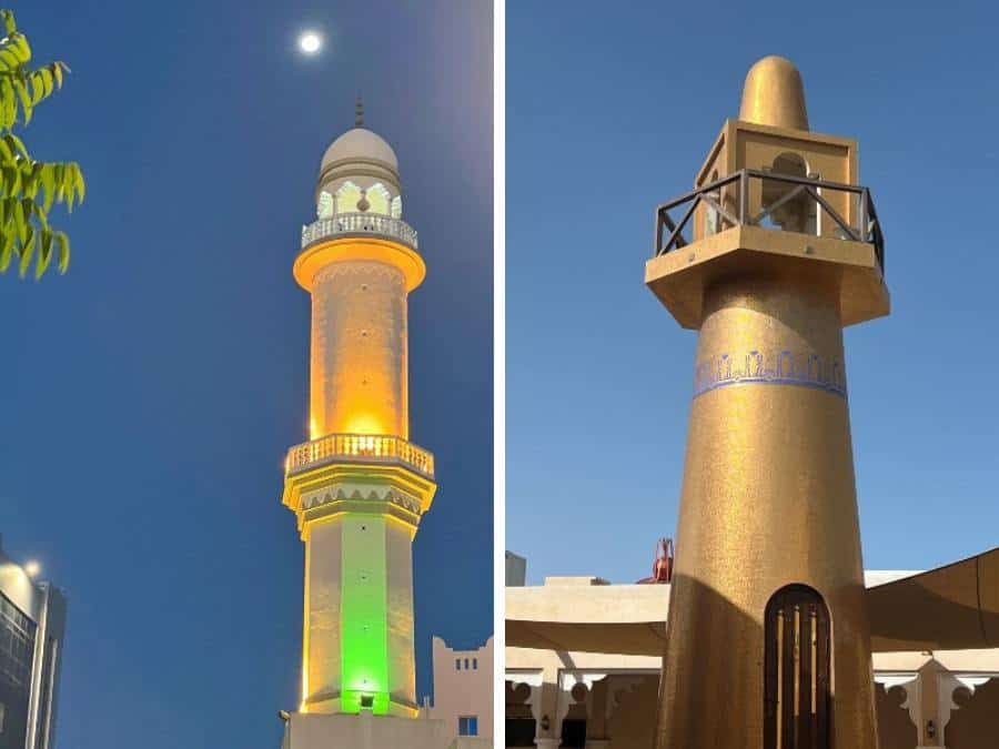 a mosque lit up at night, and the gold-mosque in Katara