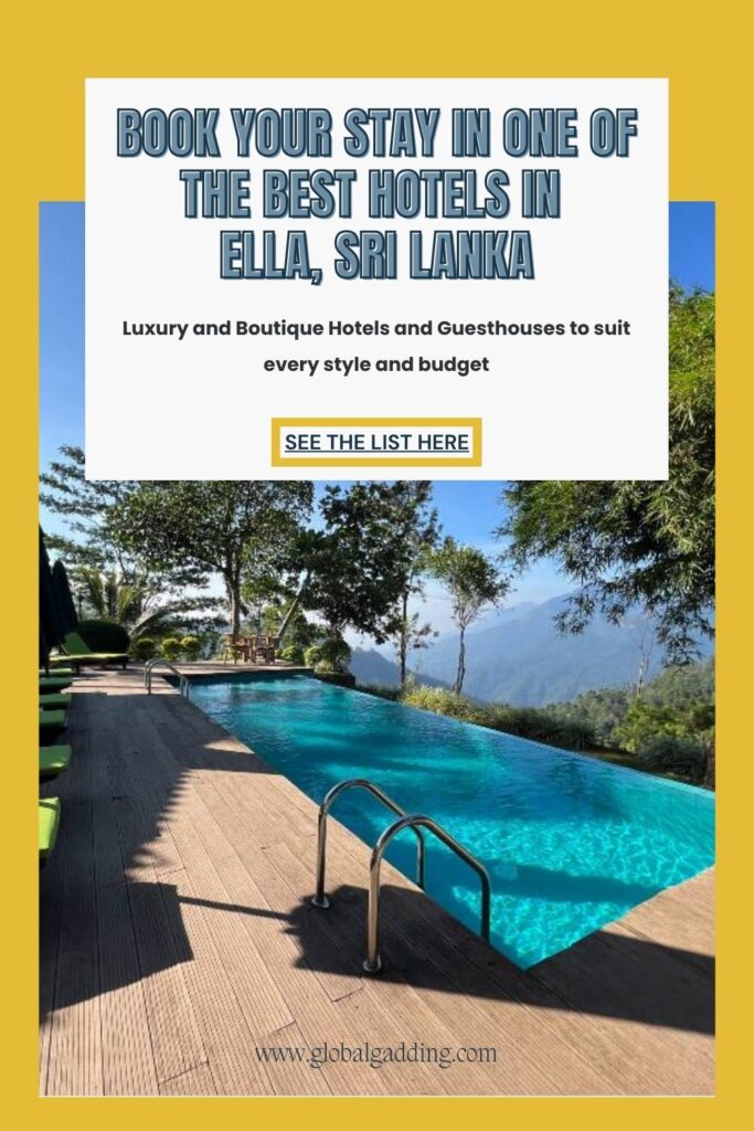 a pin to an article listing the best hotels in Ella, Sri Lanka.