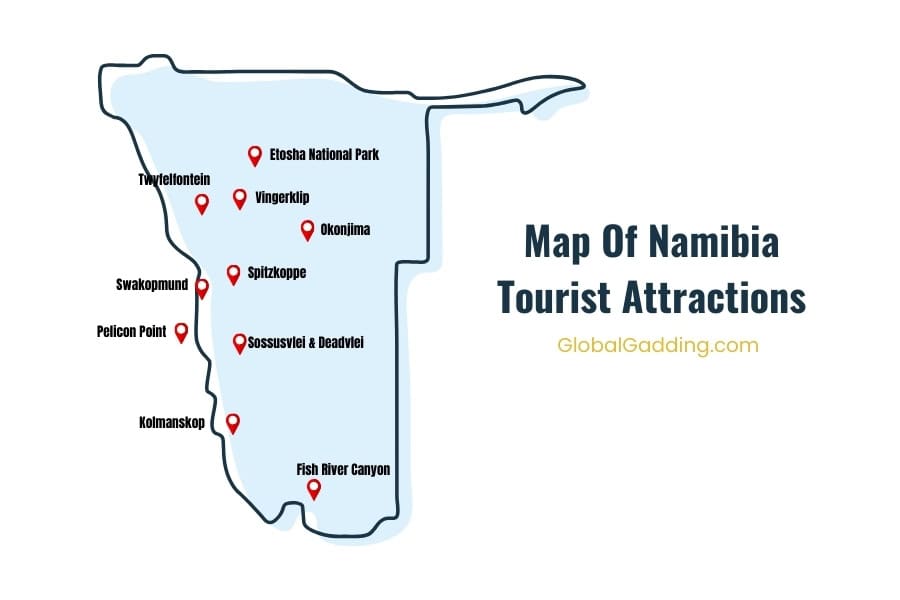 Map showing the top 11 best places to visit in Namibia, from Etosha and Sossusvlei, to Okonjima and Spitzkoppe.