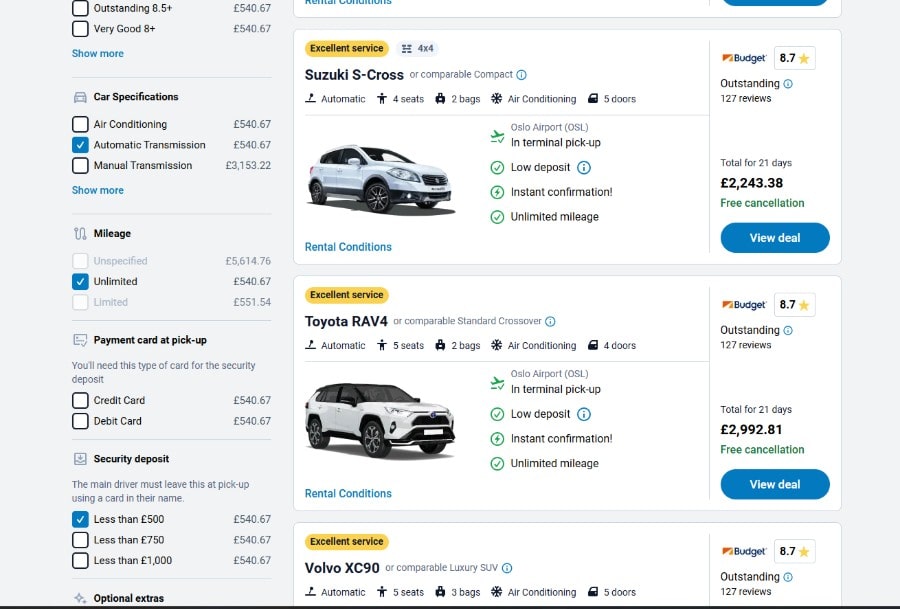 DiscoverCars filtered results showing Toyota RAV4 or similar from Budget with in-terminal pickup, low deposit, instant confirmation, and unlimited mileage for Oslo Airport