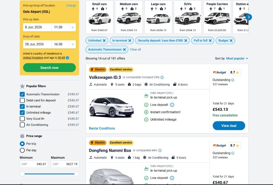 DiscoverCars search results for Oslo Airport showing filters for unlimited mileage, in-terminal pickup, low security deposit, full to full fuel policy, Budget, and automatic transmission