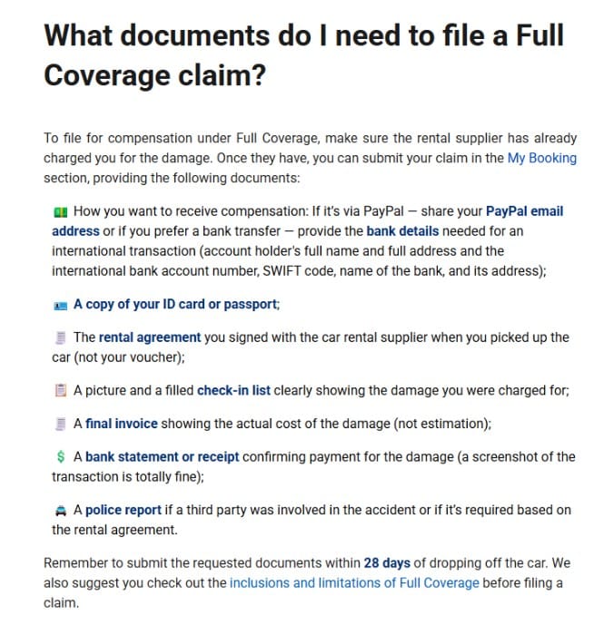 DiscoverCars Full Coverage claim documents list showing ID, rental agreement, damage report, invoice, proof of payment, and 28-day submission deadline