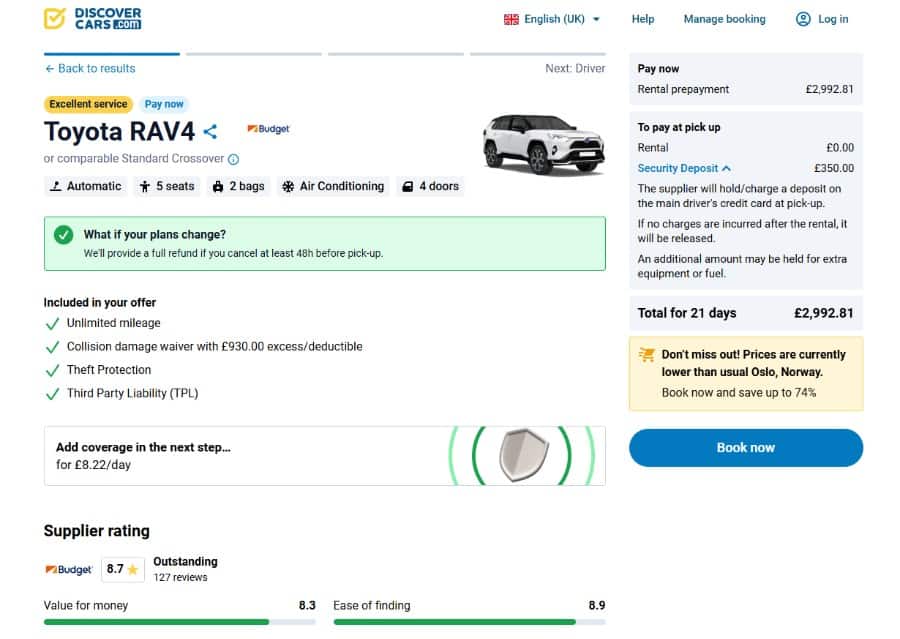 DiscoverCars booking page for Toyota RAV4 or similar showing £350 security deposit, full refund if cancelled 48 hours before pickup, and included mileage and cover details