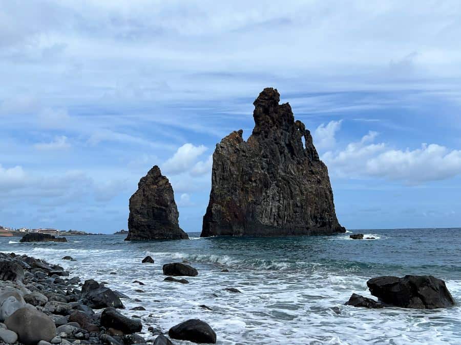 Ribeira da Janela sea stacks on Madeira’s north coast with waves and rocky shoreline.