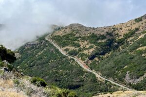 Winding mountain road in Madeira disappearing into low cloud over green hills.