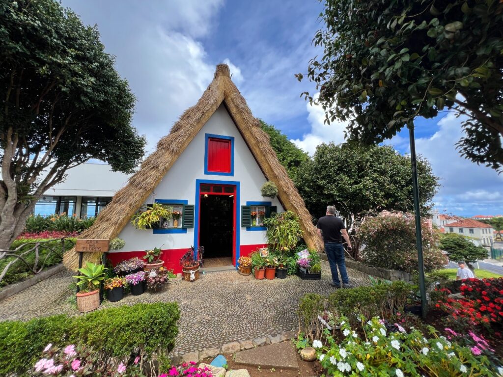 Traditional triangular thatched-roof house at Casas Típicas de Santana in Madeira