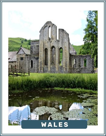 Ruins of a Welsh Abbey with a pond in the foreground