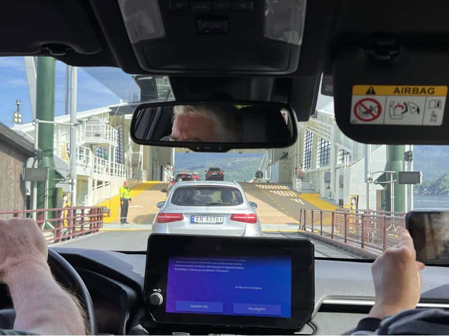 Cars waiting to board a Norwegian car ferry during a Norway road trip