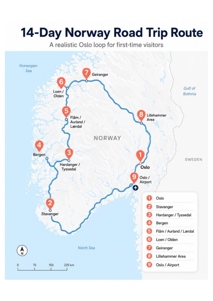 Map showing a 14-day Norway road trip route from Oslo to Stavanger, Hardanger, Bergen, Flåm, Loen or Olden, Geiranger, Lillehammer area and back to Oslo.