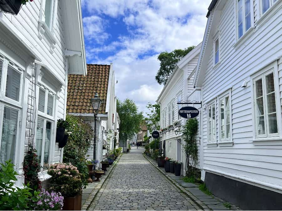 White wooden houses and cobbled streets in Old Stavanger