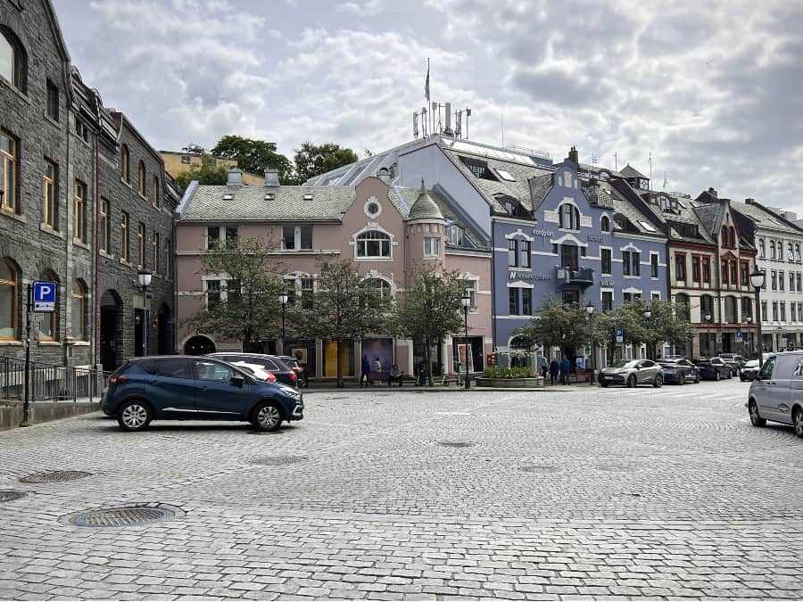 Art Nouveau buildings and cobbled streets in Ålesund town centre