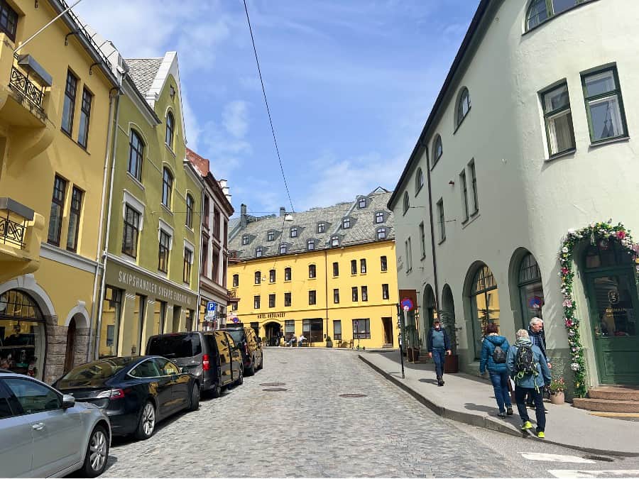 Art Nouveau streets in Ålesund town centre close to hotels, restaurants and the harbour