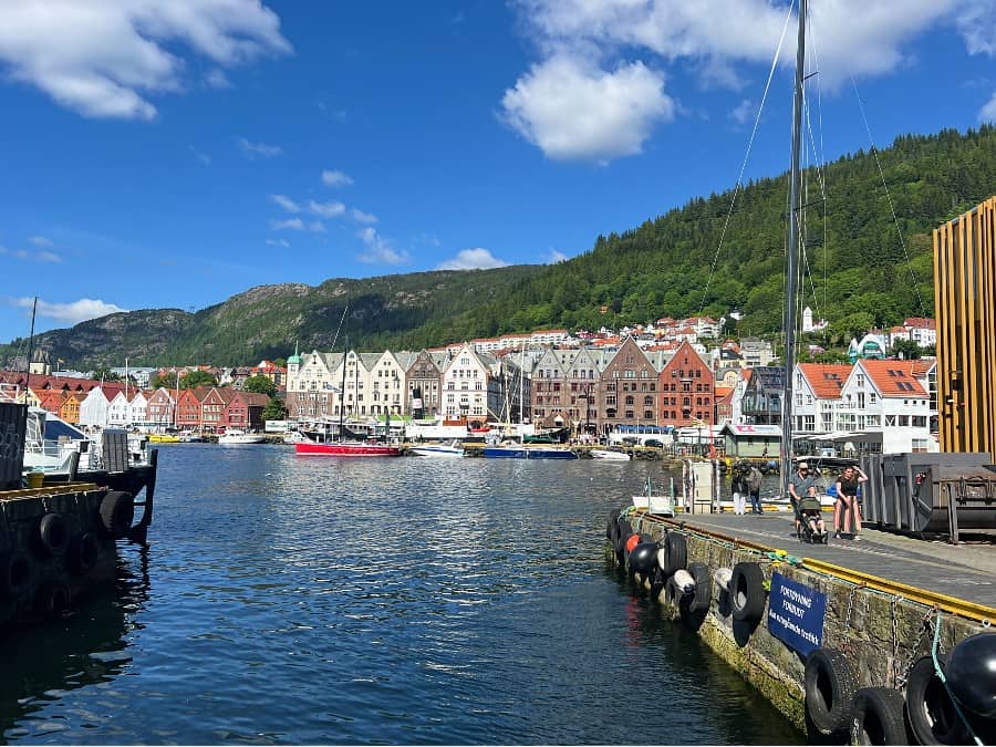 View across Bergen harbour towards the colourful Bryggen waterfront