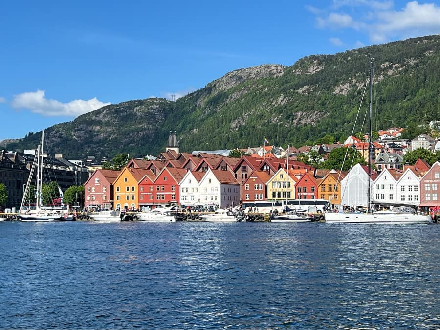 Colourful wooden buildings along Bryggen during the first afternoon in Bergen