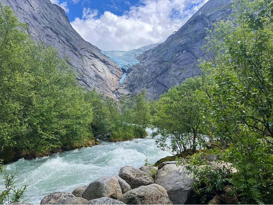 Briksdalsbreen glacier above the glacial lake in Norway