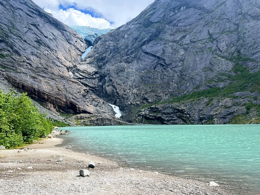 Briksdalsbreen glacier viewed across the lake at the end of the walking route