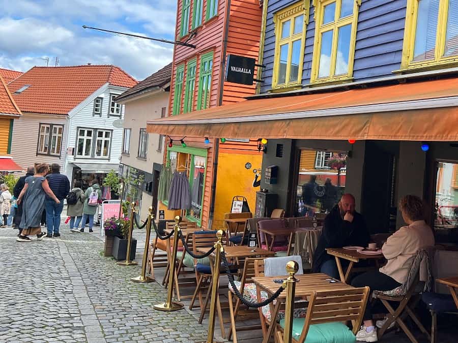 Brightly painted cafés and buildings along Fargegaten in Stavanger