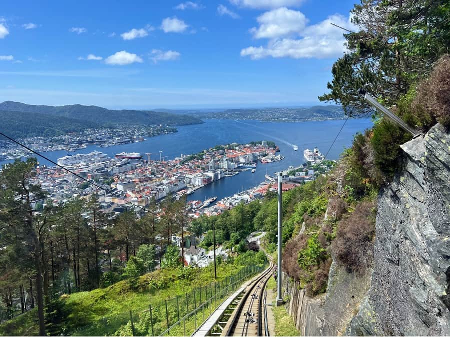 Fløibanen funicular climbing from central Bergen to Mount Fløyen