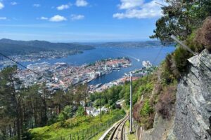 Fløibanen funicular climbing from central Bergen to Mount Fløyen