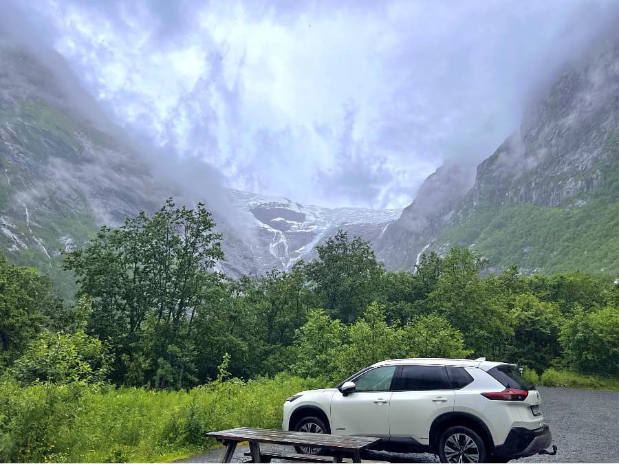 Kjenndal Glacier seen through low cloud from the car park