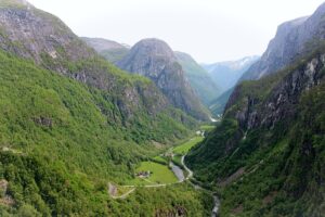 View over Nærøydalen Valley from Stalheim Panoramic Terrace in Norway