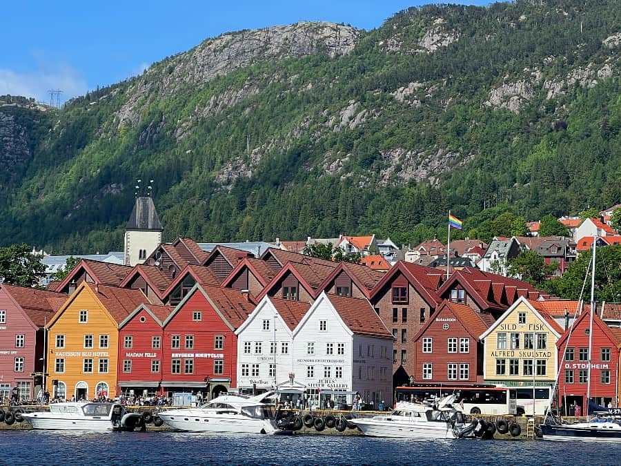 Bryggen harbour in Bergen with colourful waterfront buildings and central hotels