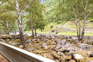 View from accommodation during a Norway road trip with mountains, trees and a balcony